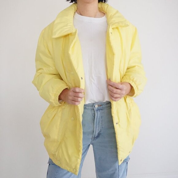 Vintage Fashion Gems Yellow Puffer Button Up Fleece Lined Winter Jacket L - Picture 2 of 11